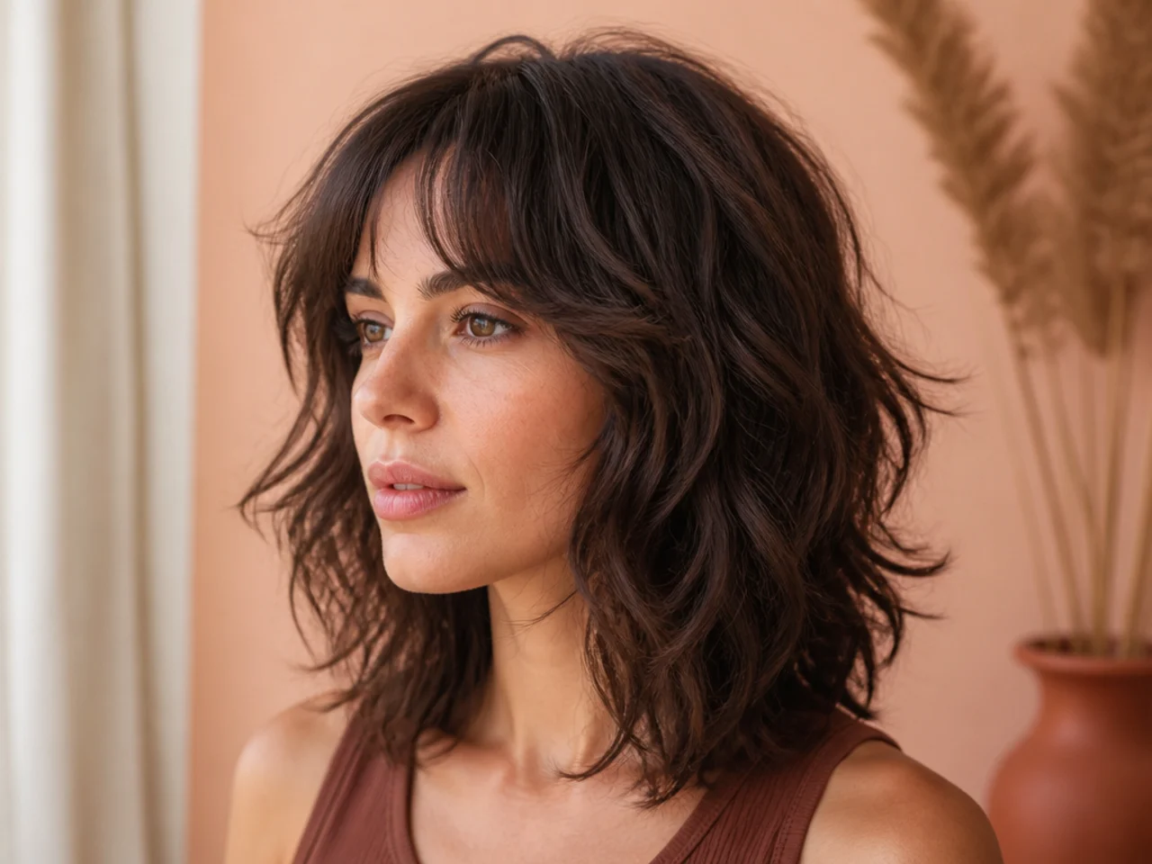 Three quarter view of a finished shoulder length shag haircut