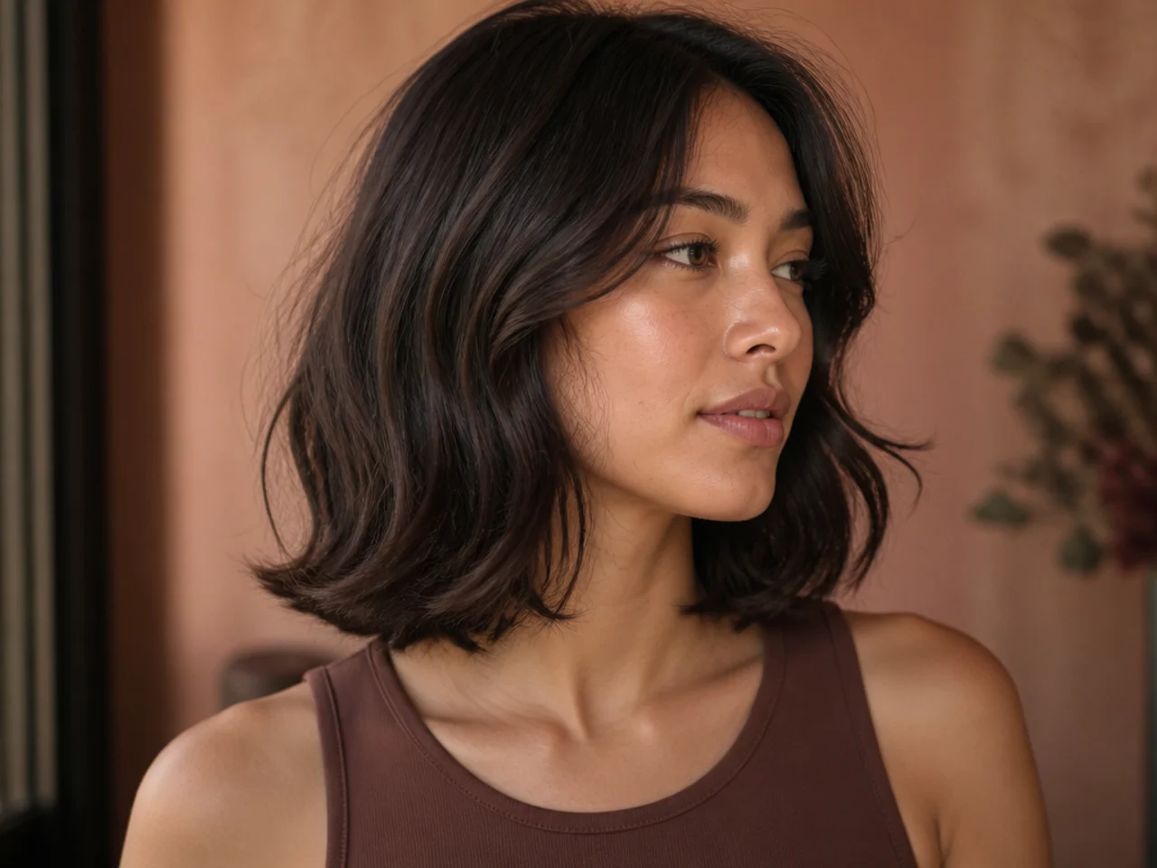 Shoulder length hair flicking outward where the blunt ends meet the shoulder
