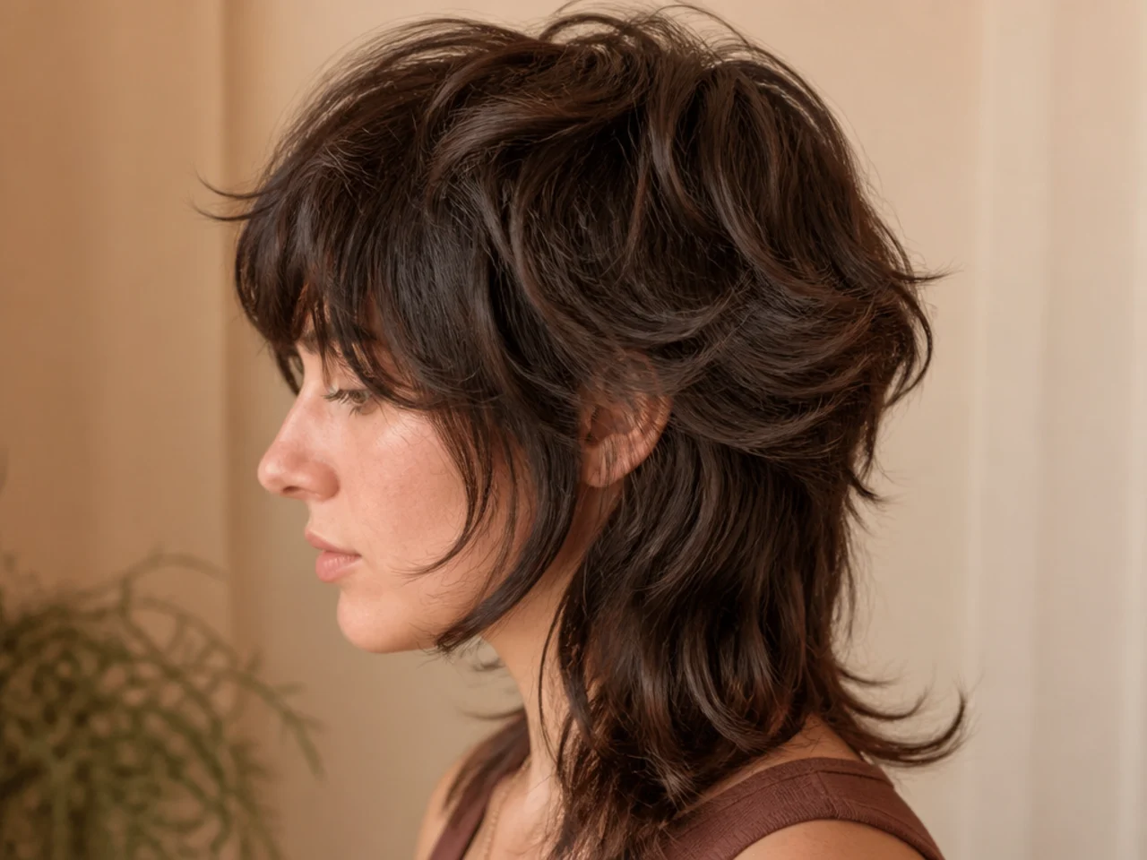 Close view of stacked shag layers at the crown, shorter pieces sitting on longer ones