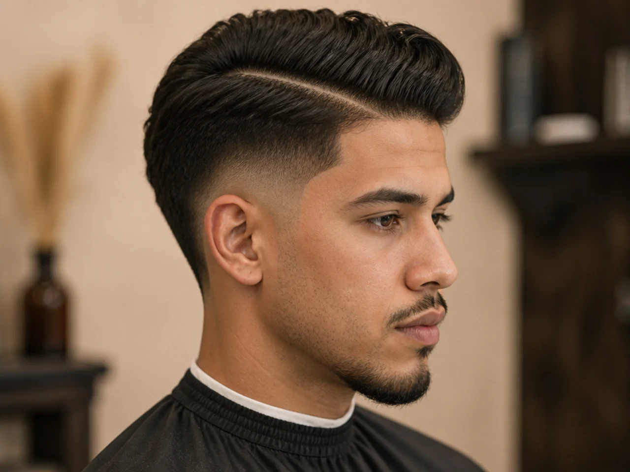Burst fade side part arcing around the ear