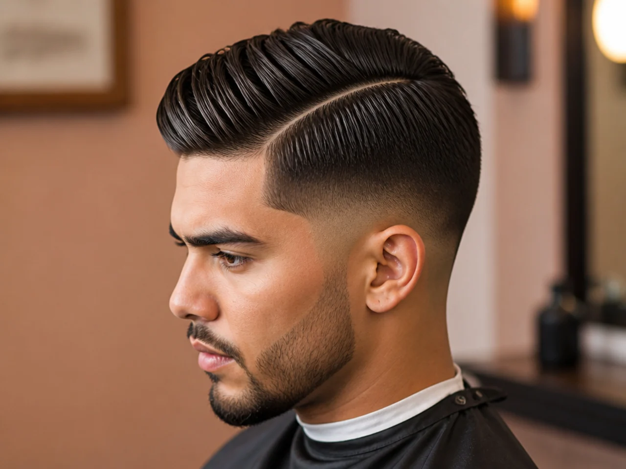 Hard part low fade side part with razor-drawn parting