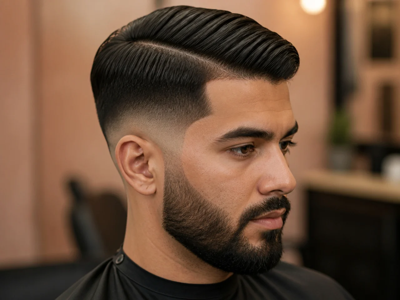Beard-blended fade side part with connected sideburn to beard