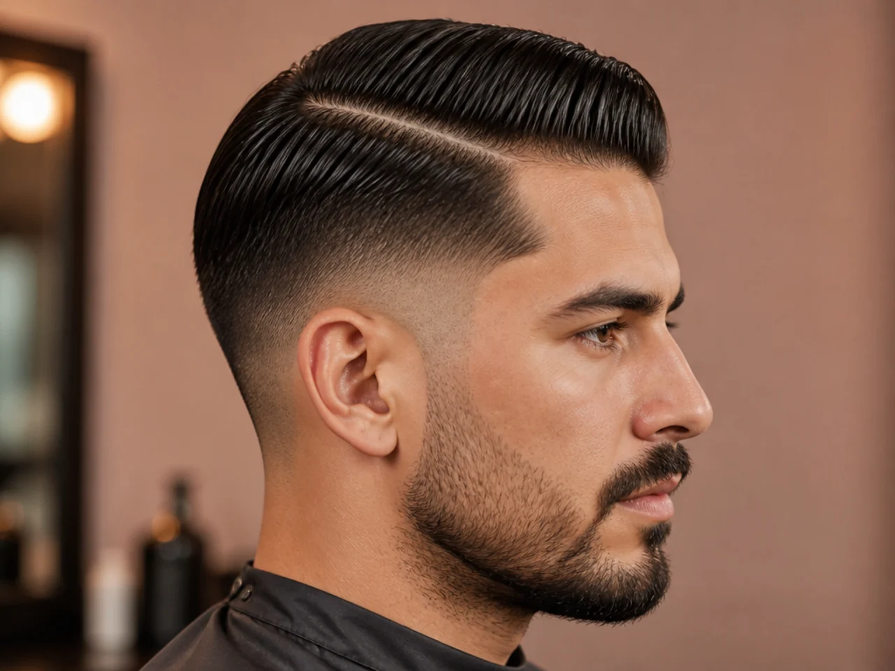 Slick back fade side part with pomade shine and deep parting