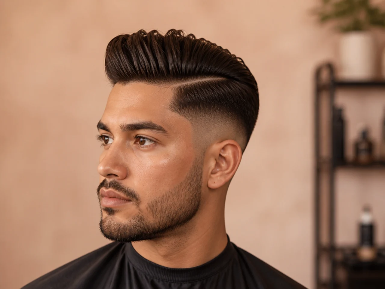 Quiff fade side part with lifted front and defined parting