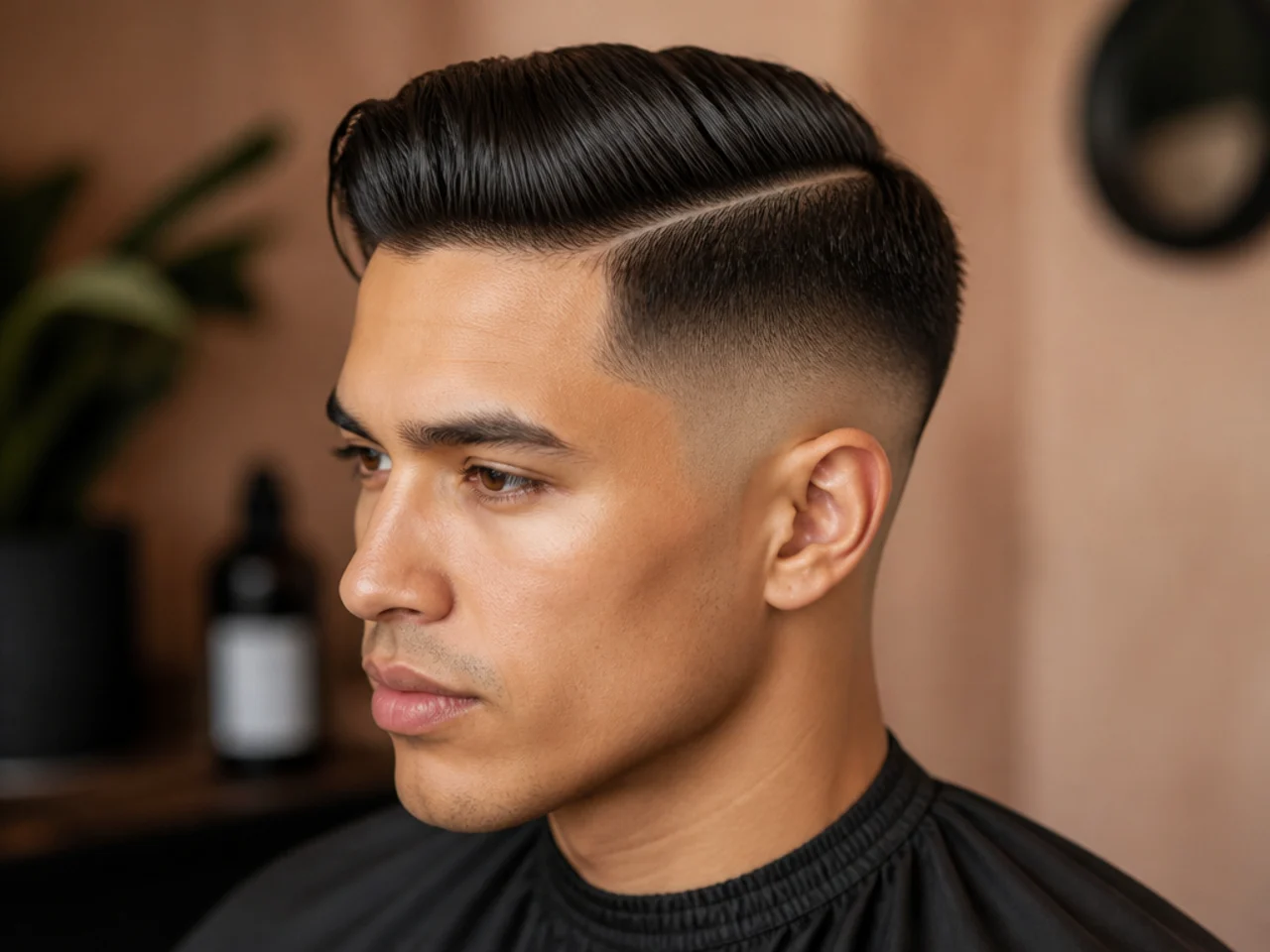 Comb over fade side part with clean sweep across the crown