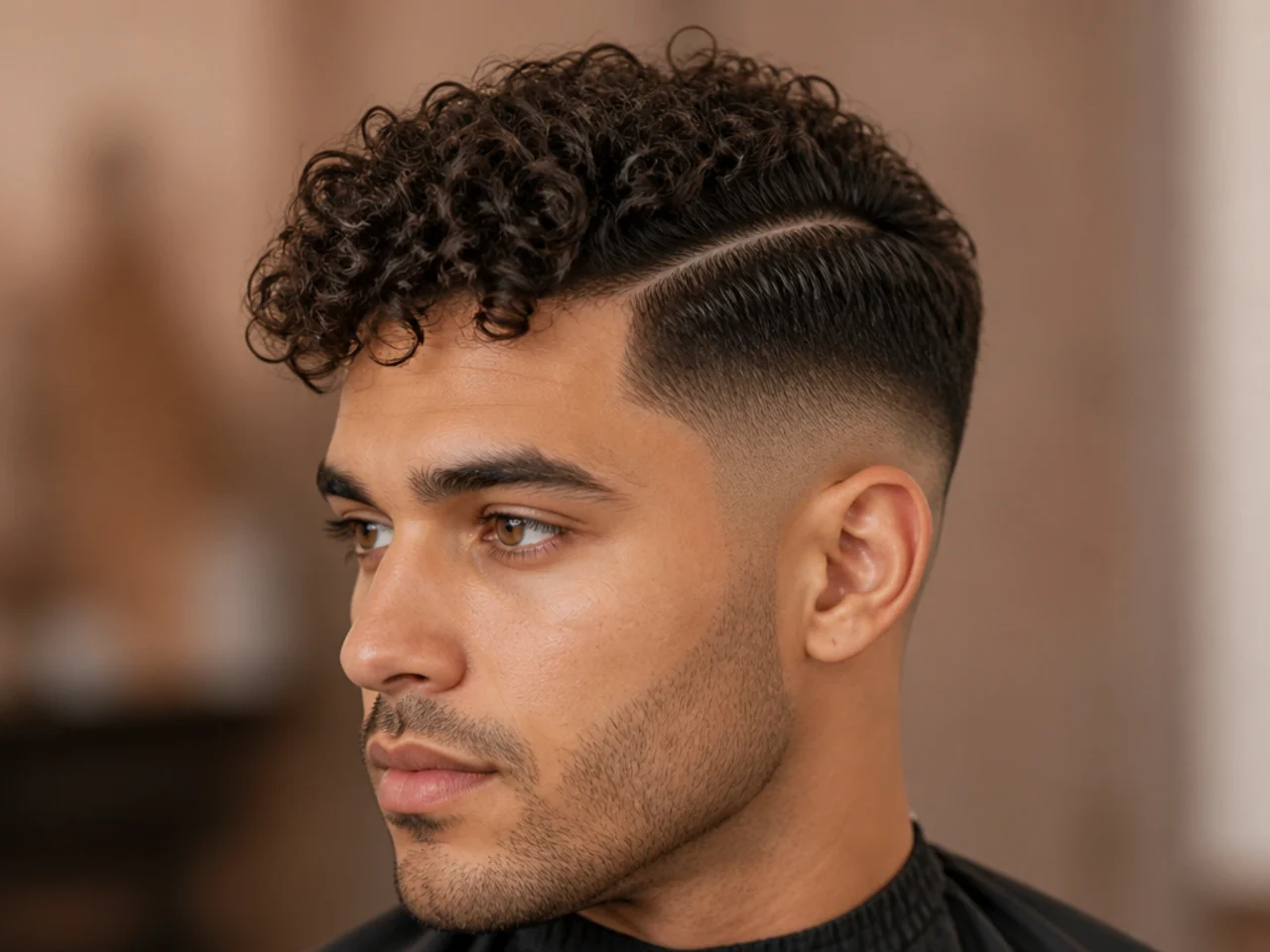 Curly top fade side part with defined curl pattern on top