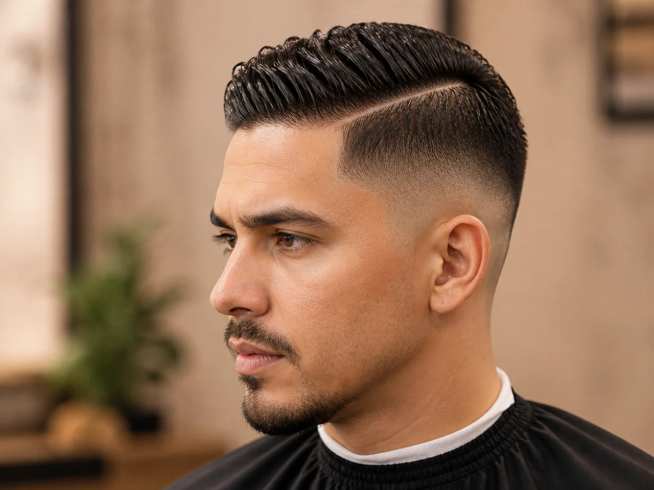 High fade side part with fade line above the temple