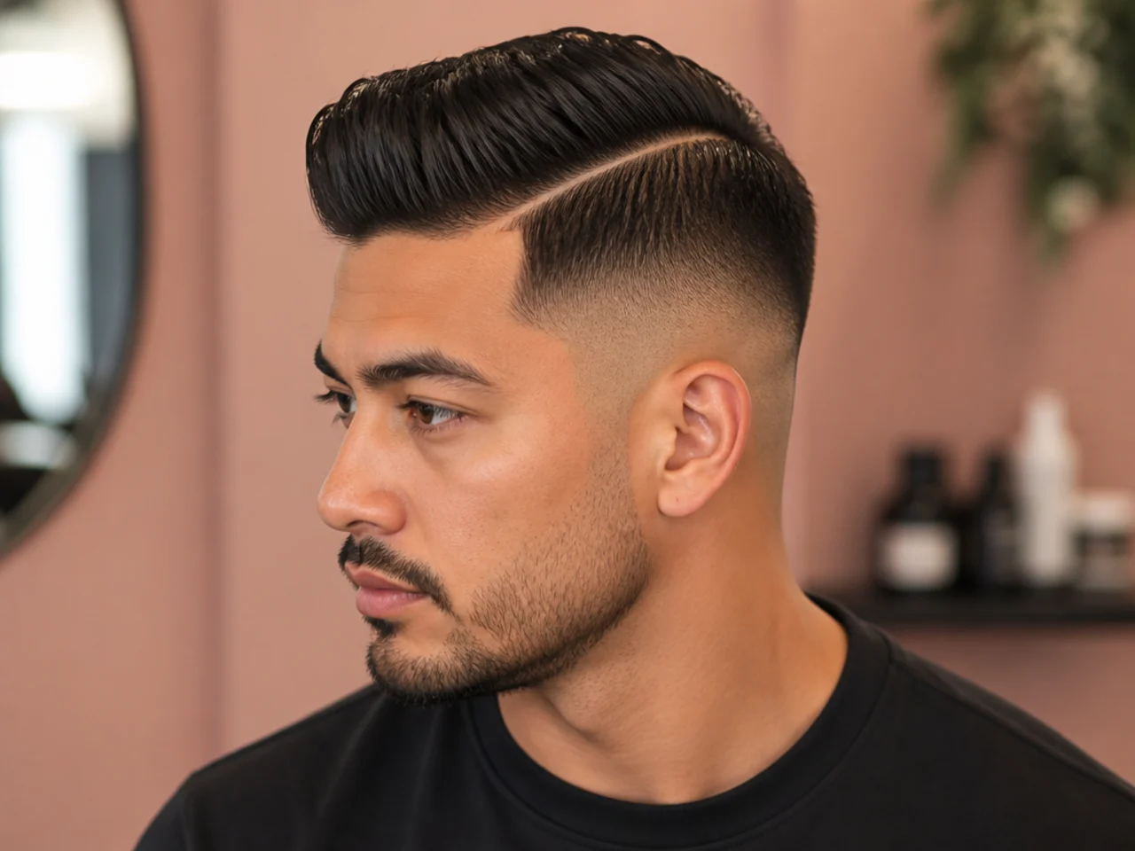 Skin fade side part fading to bare scalp at the sides