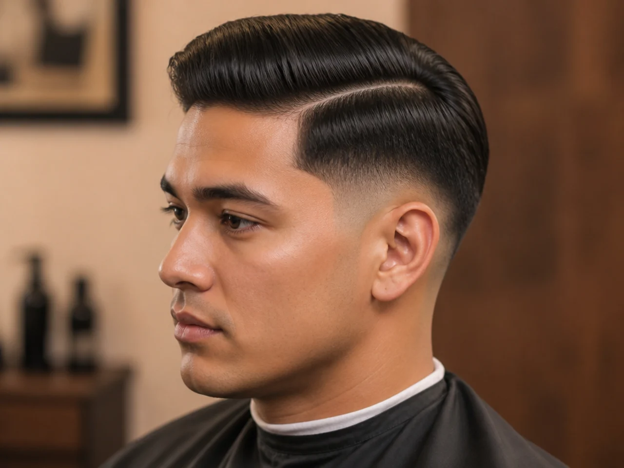 Low taper fade side part with subtle neckline finish