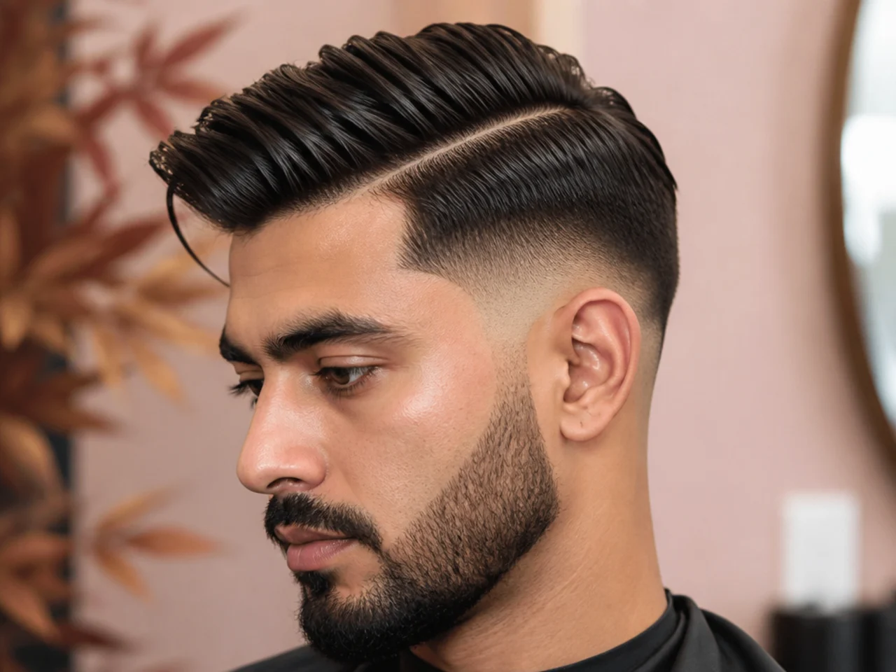 Drop fade side part with curved line behind the ear