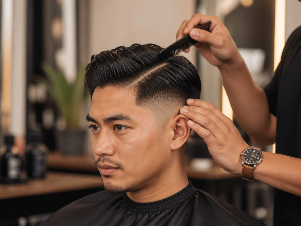 Styling essentials for a side part fade — matte clay, pomade, comb, brush