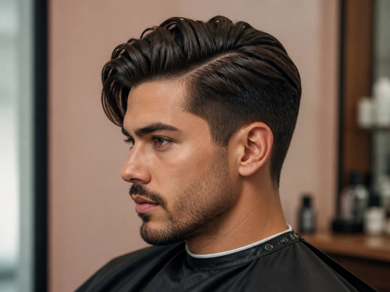 Deep side part with high-volume top and low fade