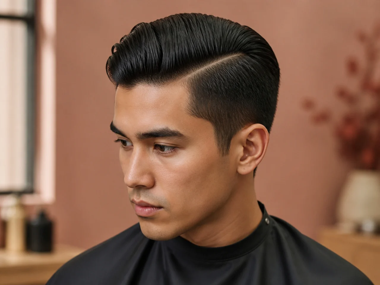 Deep side slick back with pomade shine
