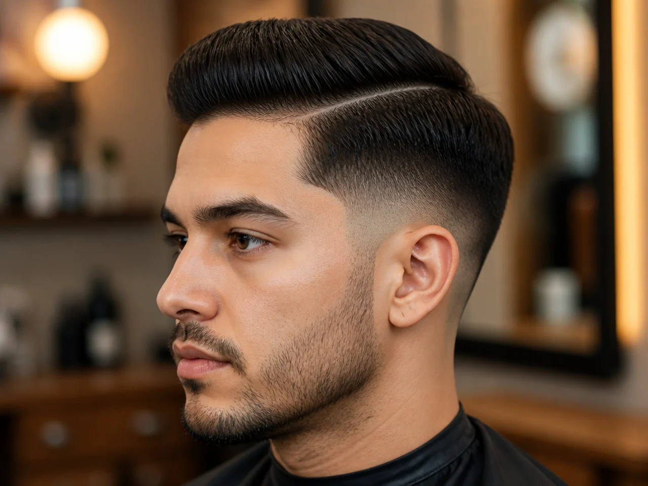 Side part with low fade at the ears