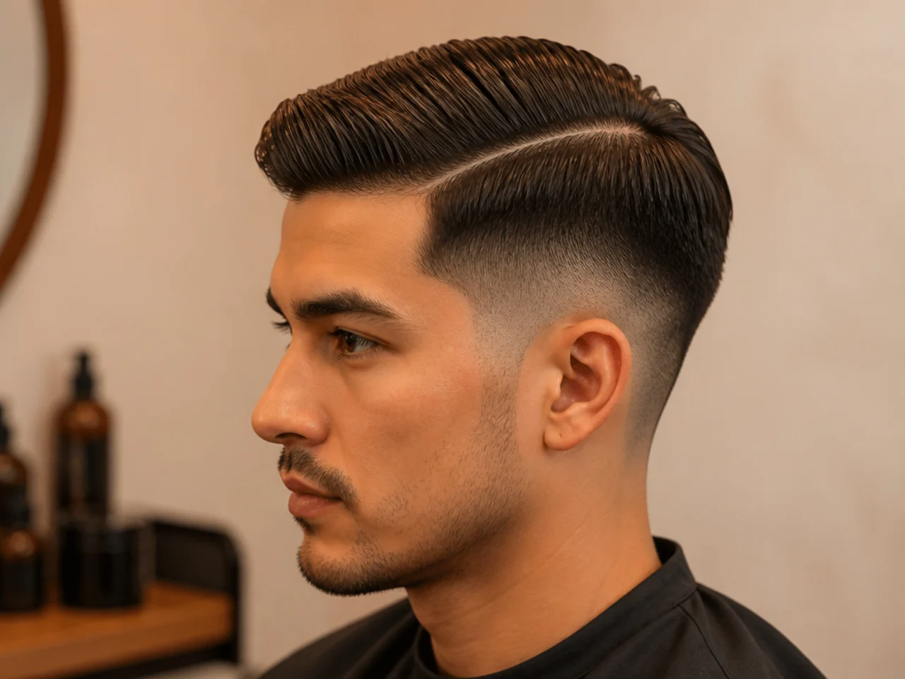 Side part with mid fade at the temple line
