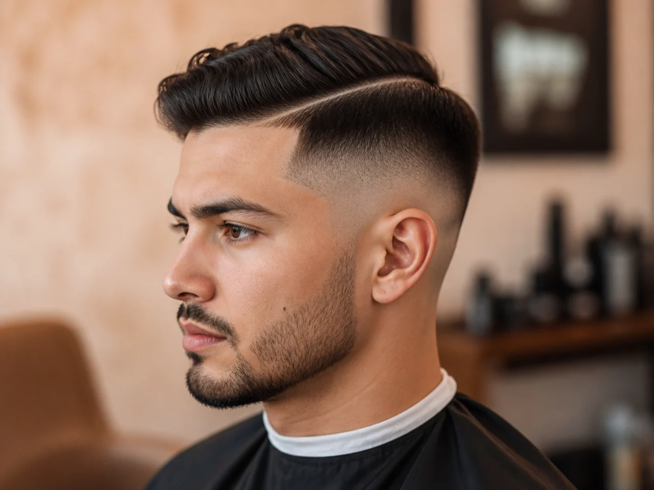 Side part with high skin fade above the temple