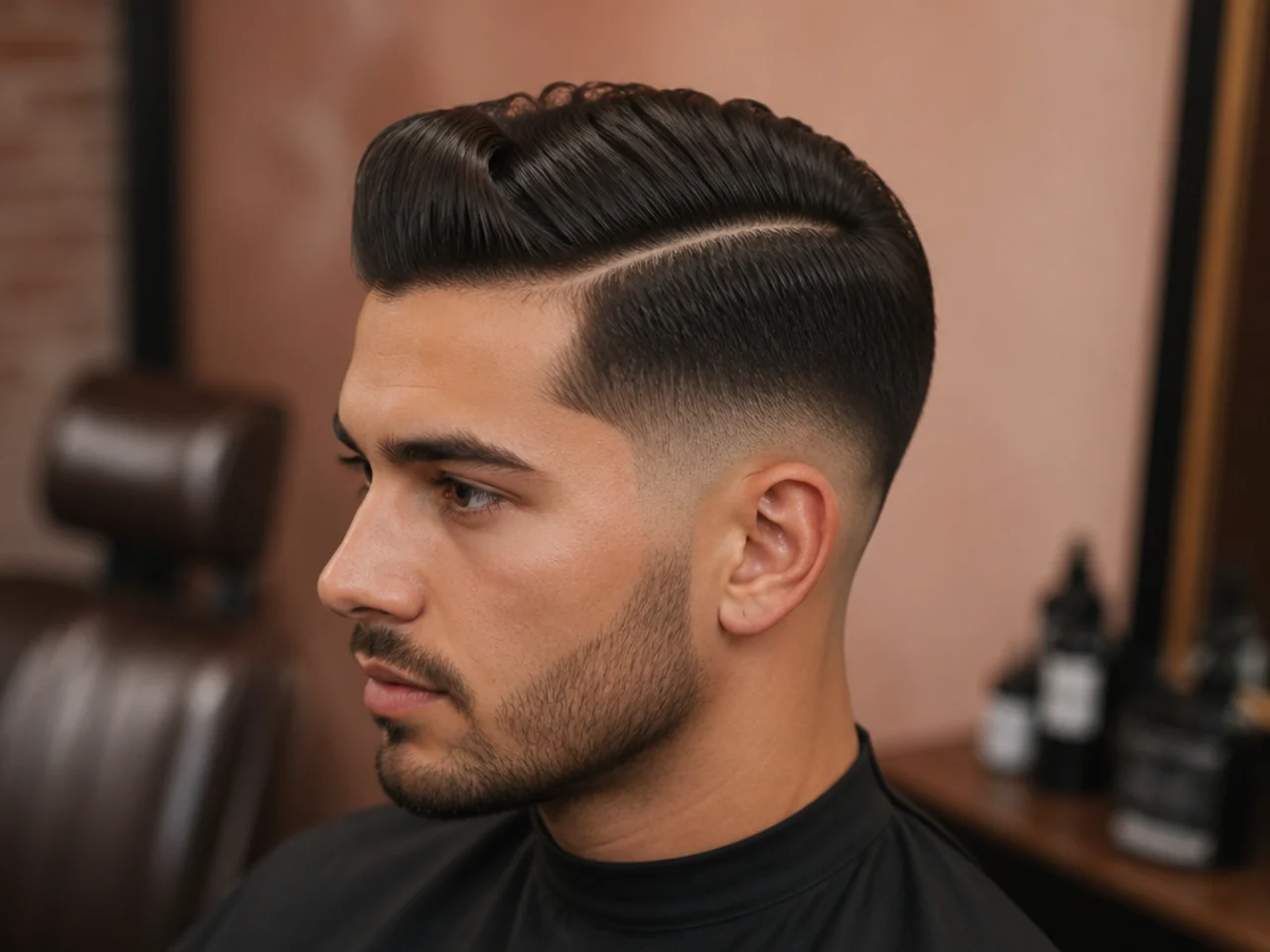 Side part with drop fade curving behind the ear