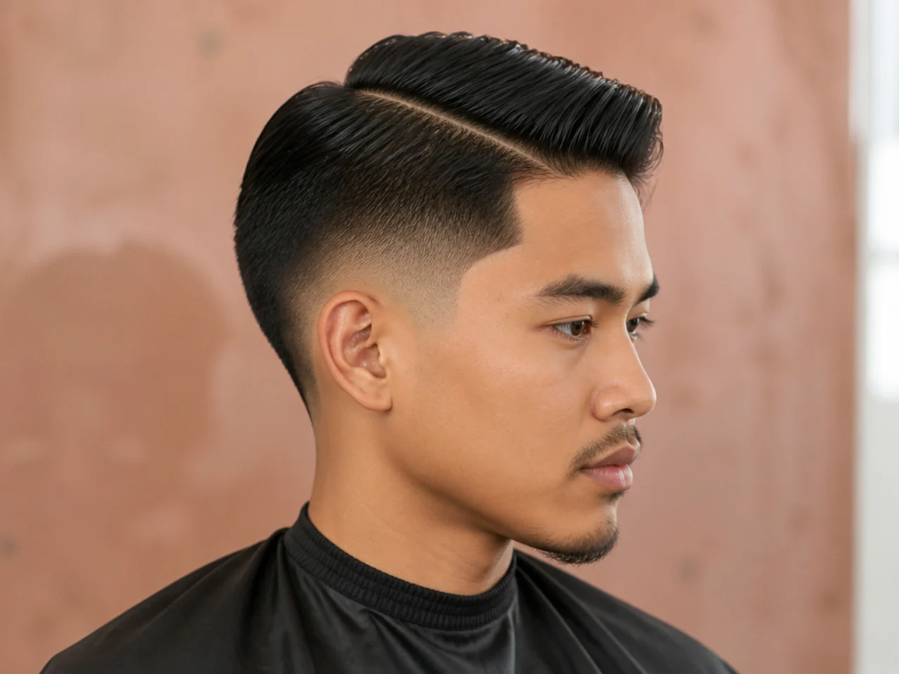 Side part with burst fade arcing around the ear