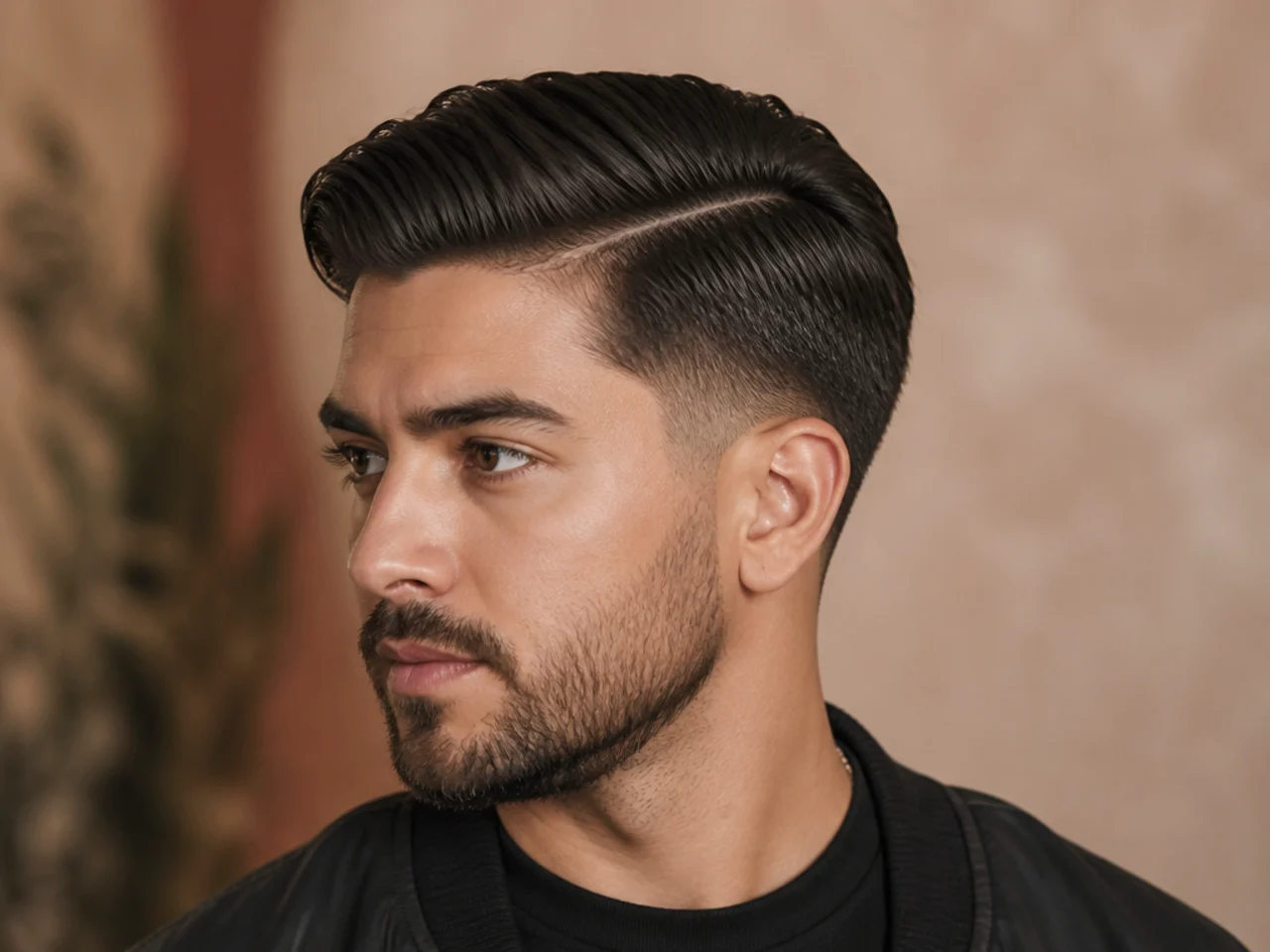 Side part with beard blended into the fade line