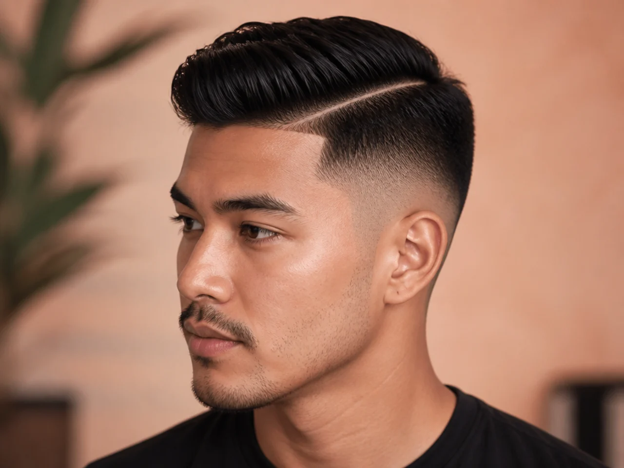Hard part shaved above a high skin fade with textured top