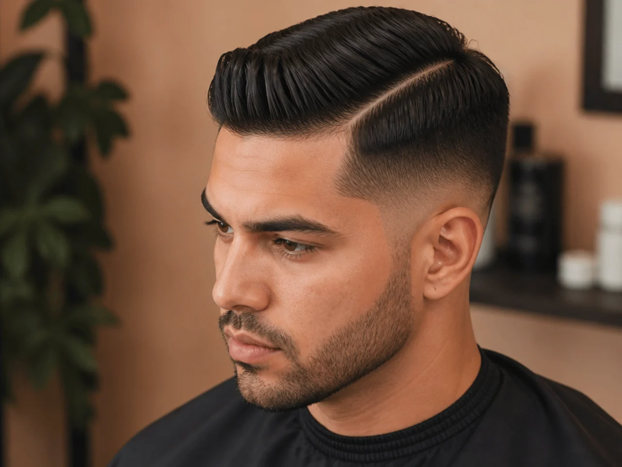Deep hard part shaved through a mid fade with textured top