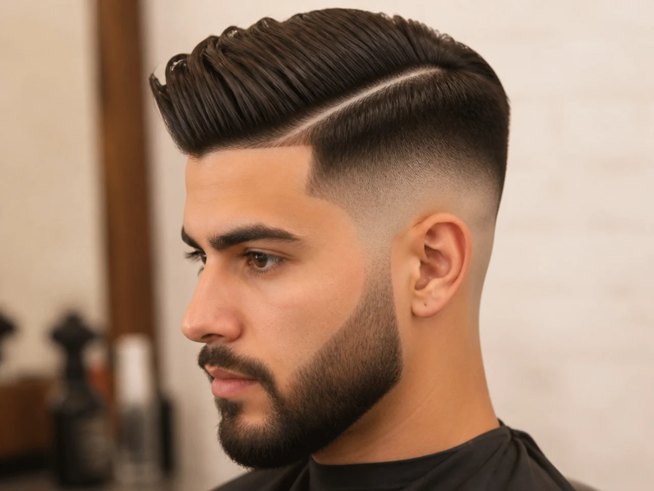 Side Part Skin Fade with Thick Hard Part and Blended Beard