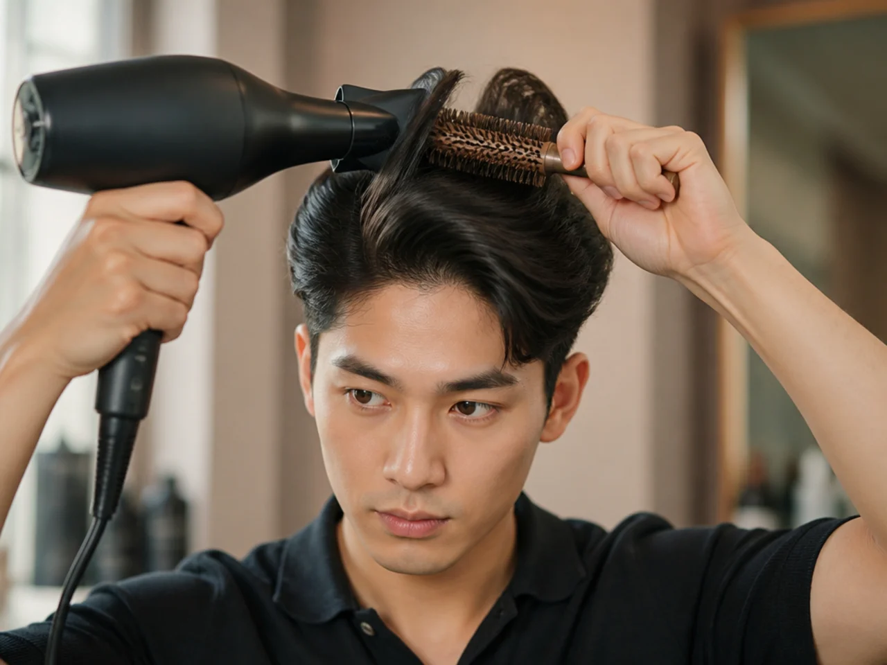 Asian man blow-drying the top of his hair with a small round brush, lifting the roots against the parting direction to build volume