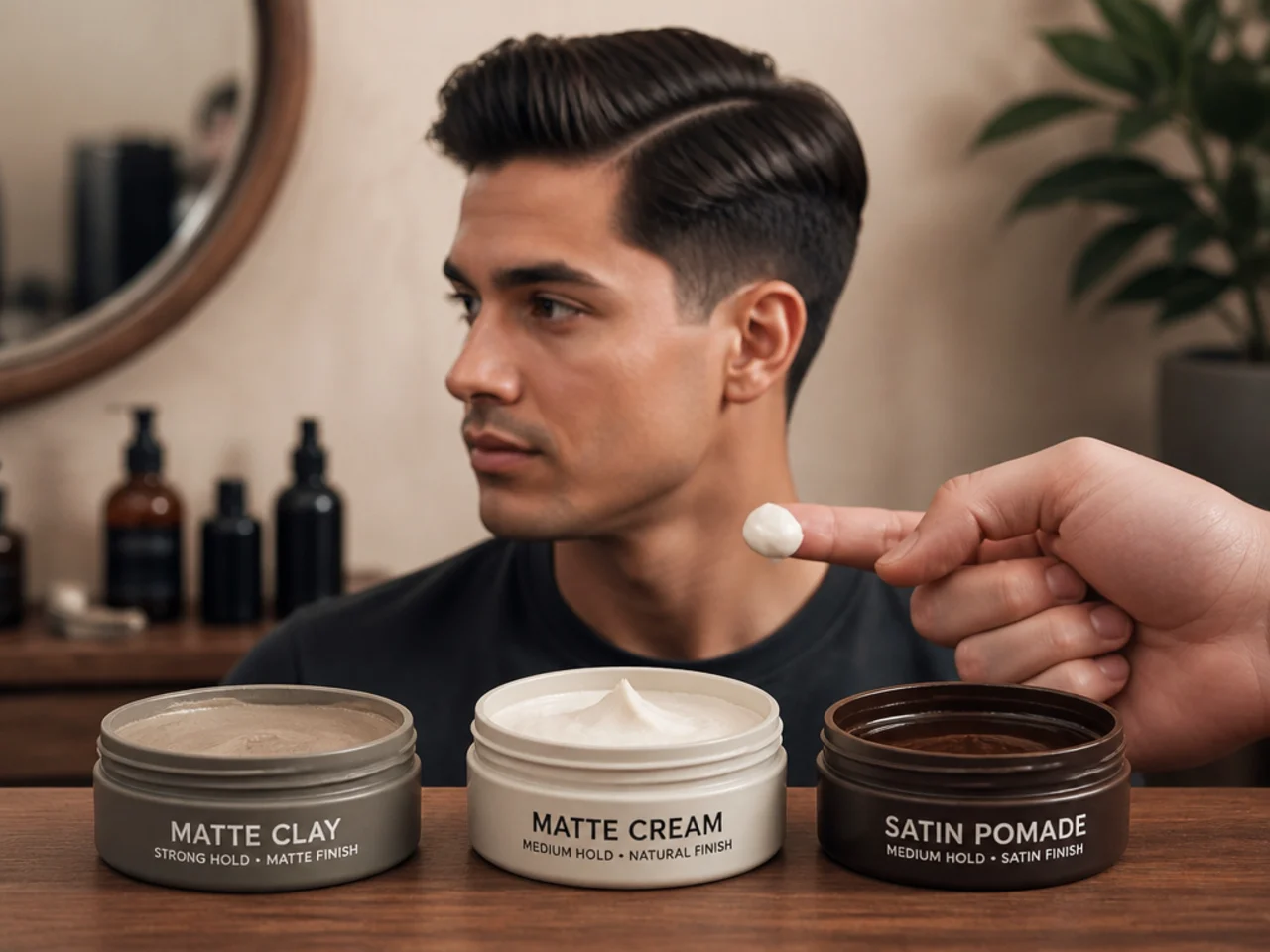 Three tins of styling product on a walnut counter — a matte clay, a matte cream, and a satin pomade — with a fingertip scoop of matte cream in the foreground