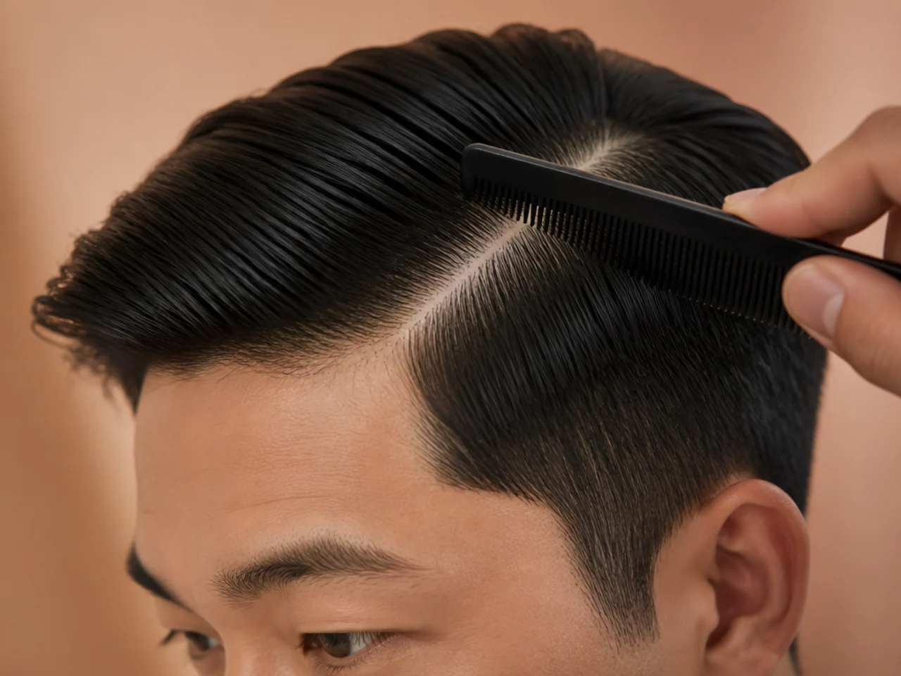 Extreme close-up of a fine-tooth carbon comb drawing a crisp side parting through dense straight Asian hair, showing a clean line of exposed scalp
