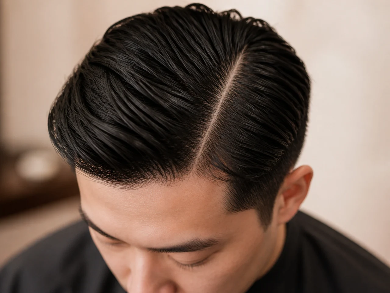 Overhead view of an Asian man's crown showing the natural swirl and cowlick, with a comb ready to set the side parting