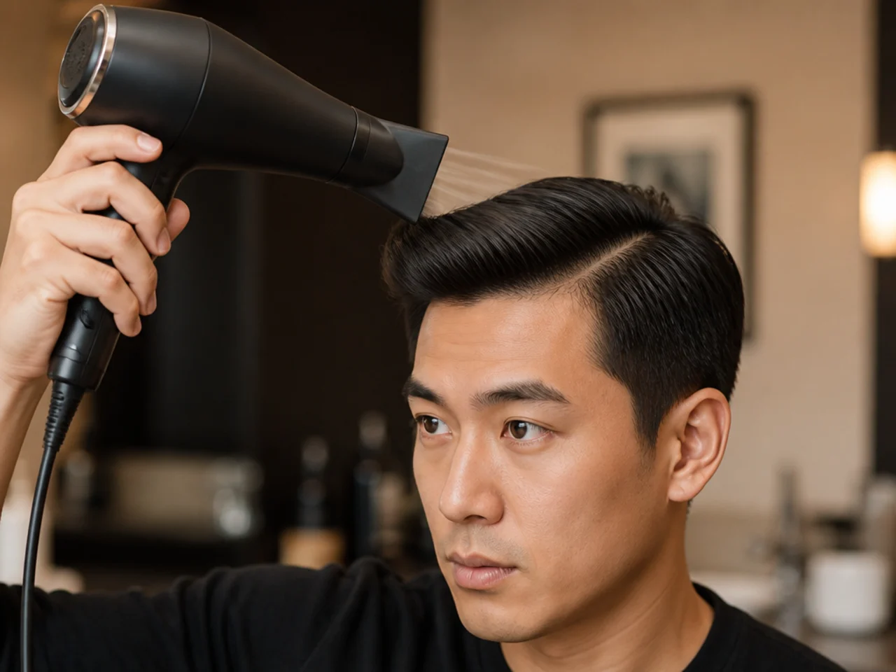 Asian man pressing the cool-shot button on a blow-dryer, holding it over a freshly combed side part with airflow visible along the sweep