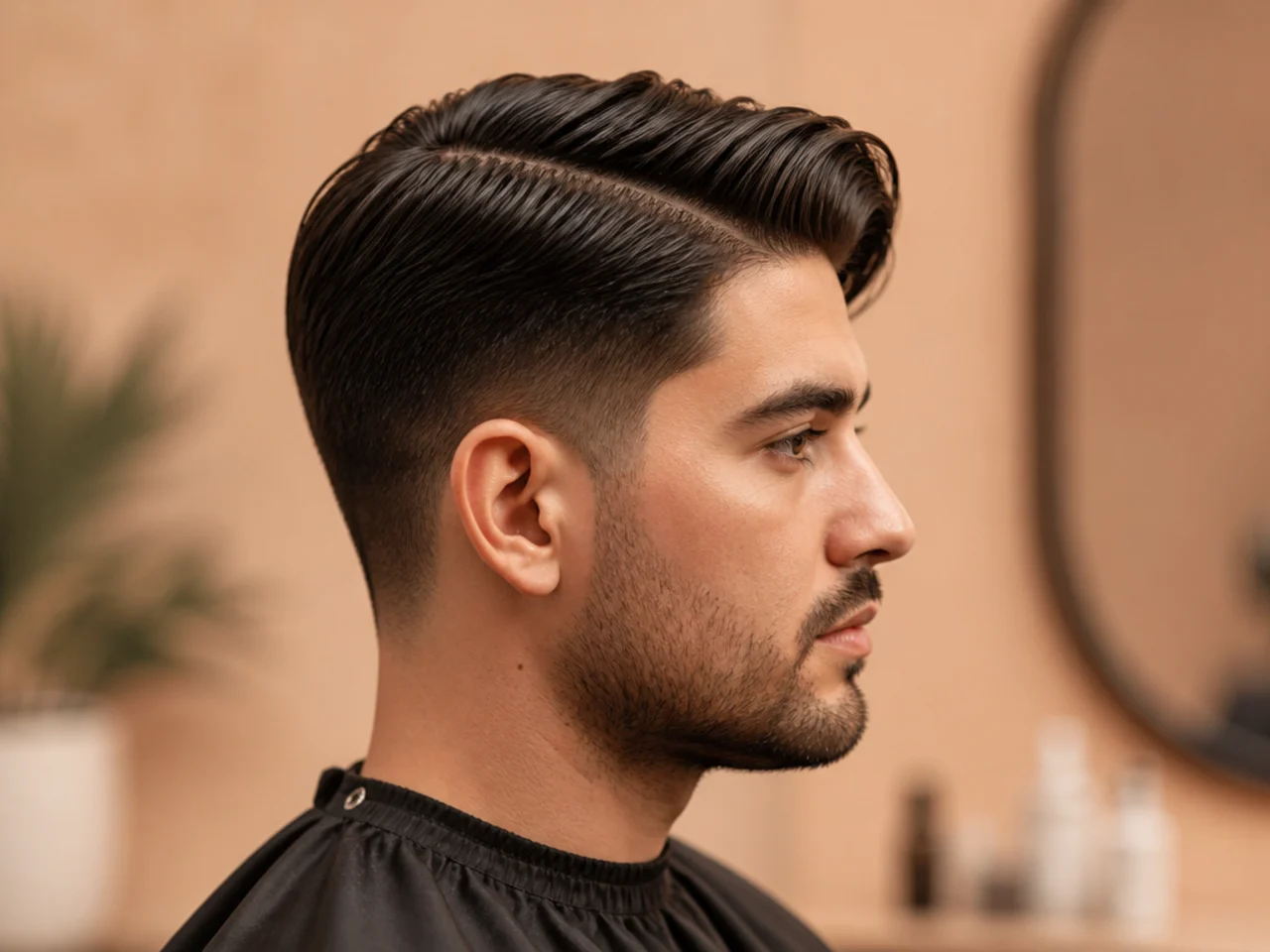 Barber trimming the top of an Asian client's hair with scissors, defining a crisp side parting mid-cut in a warmly lit shop
