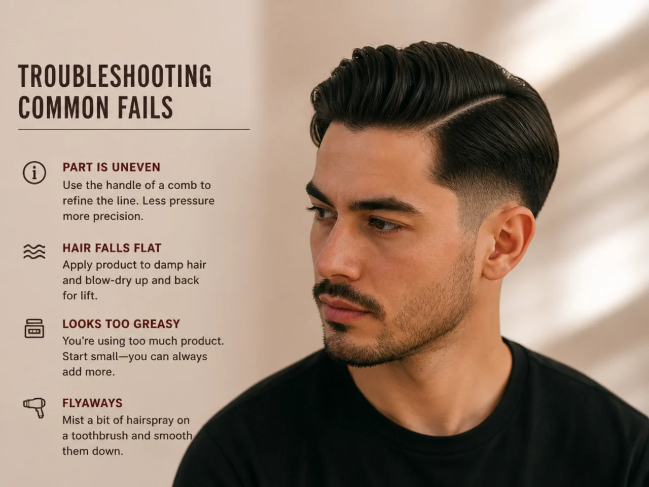 Split-frame of the same Asian man's side part — crisp at 8 AM on the left, collapsed and flat at 3 PM on the right, with styling tins on the counter between