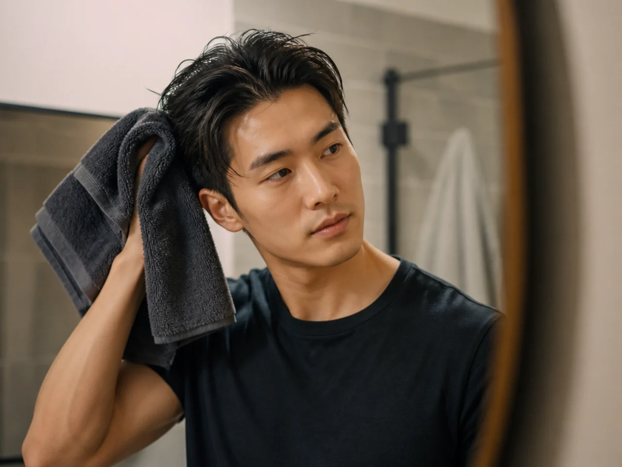 Asian man towel-drying his hair in a bathroom mirror, hair damp but not dripping, ready for morning styling