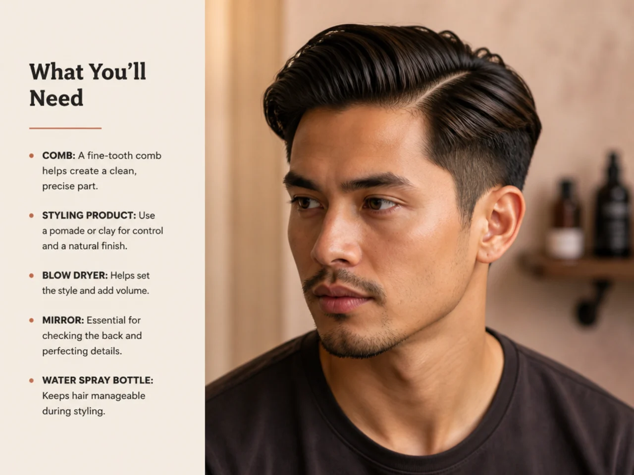 Sharp side part styling kit for Asian hair: blow-dryer, small round brush, fine-tooth carbon comb, matte cream tin, and light-hold hairspray on a barber station