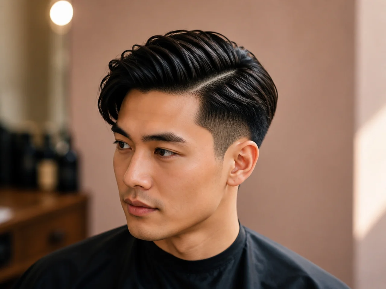 Close-up profile of an Asian man's freshly cut side part showing dense straight hair holding a crisp comb-drawn parting