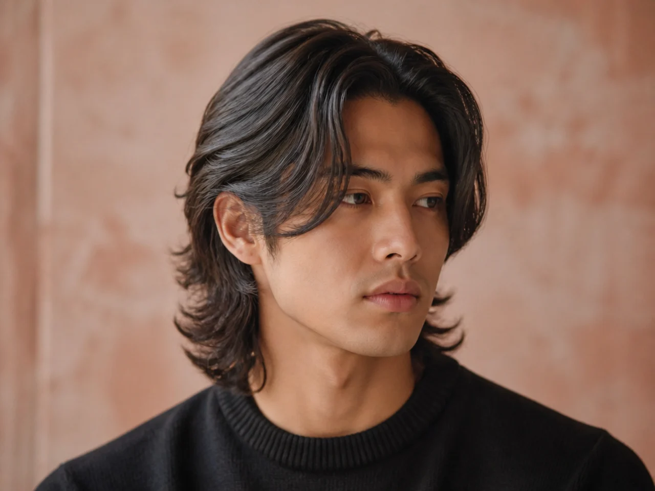 Korean long flow side part with five inches of layered top swept diagonally across a defined parting on a young Korean man