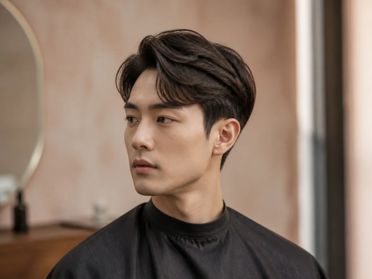 Korean Ivy League side part with three inches on top, defined parting, scissor-blended sides, and satin finish on a young Korean man