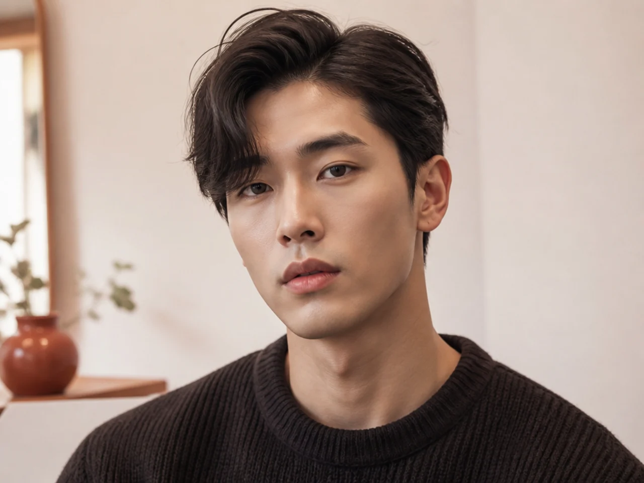 Off-center Korean part with a parting a third of the way from center on a young Korean man