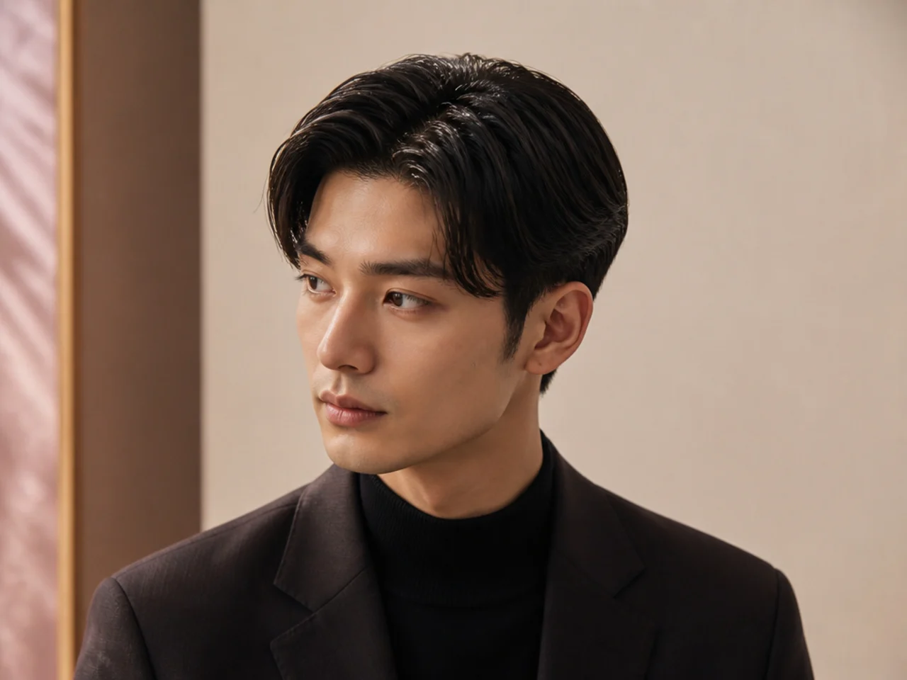 Korean old money side part with a scissor-tapered top and quietly luxe satin finish on a young Korean man