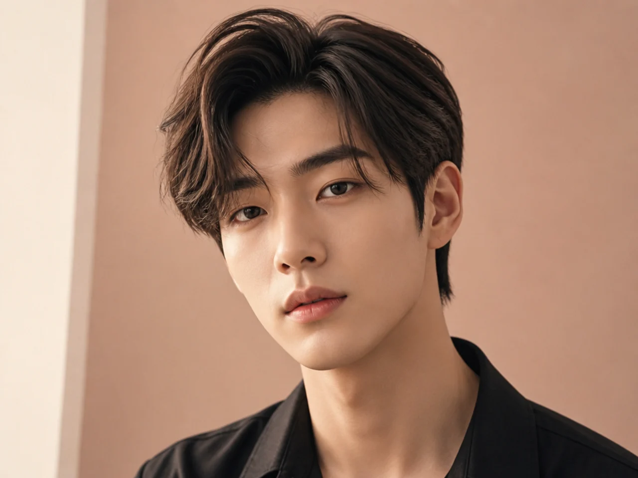 K-pop idol side sweep with dramatic blowout volume and a bright color highlight on a young Korean man