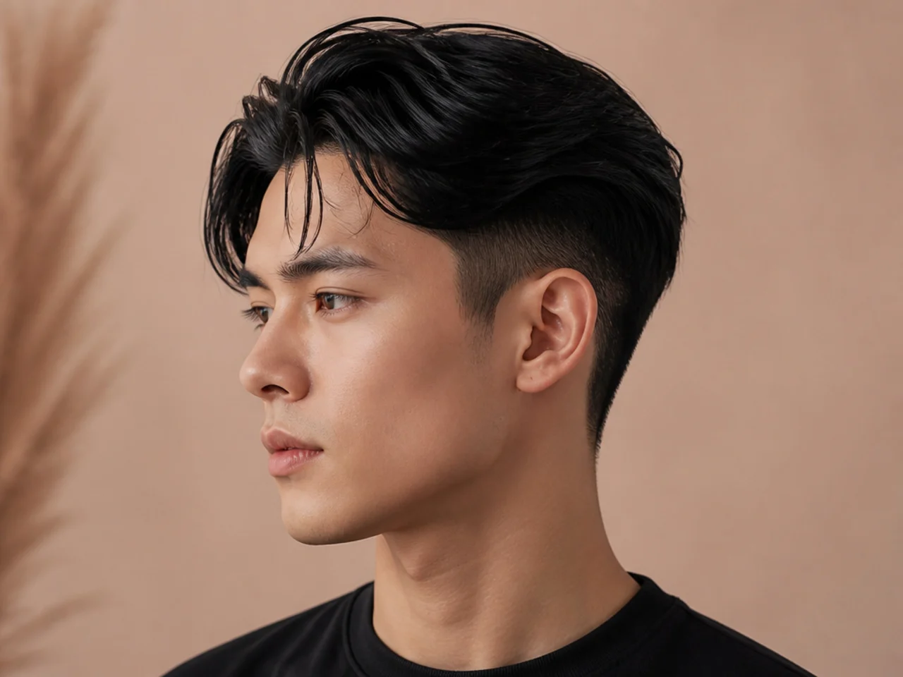 Korean undercut side part with disconnected long top and no-blend clipper sides on a young Korean man