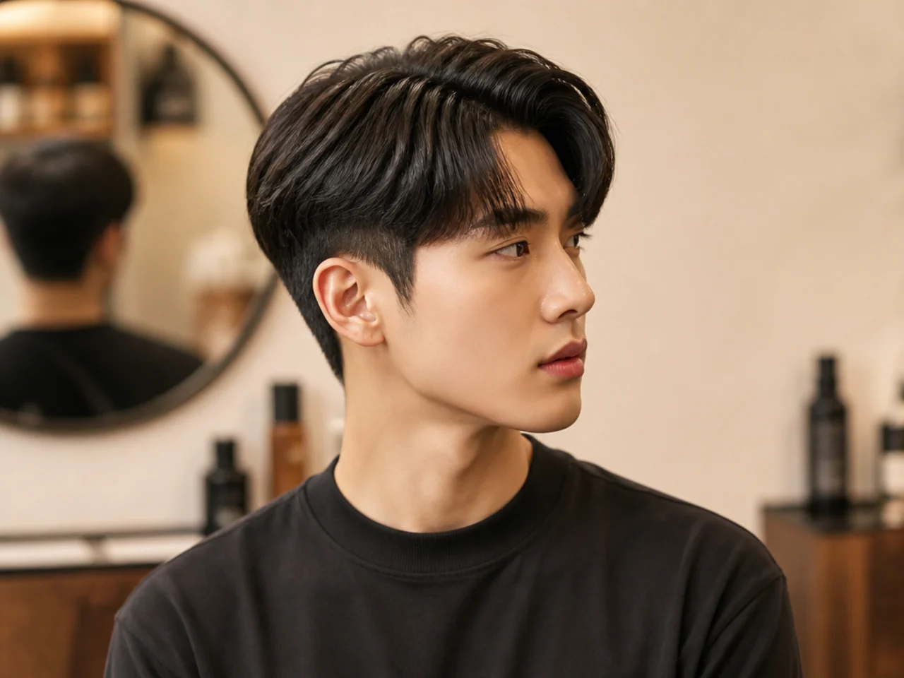 Two block Korean side part with four inches on top and hidden two-guard undercut sides on a young Korean man