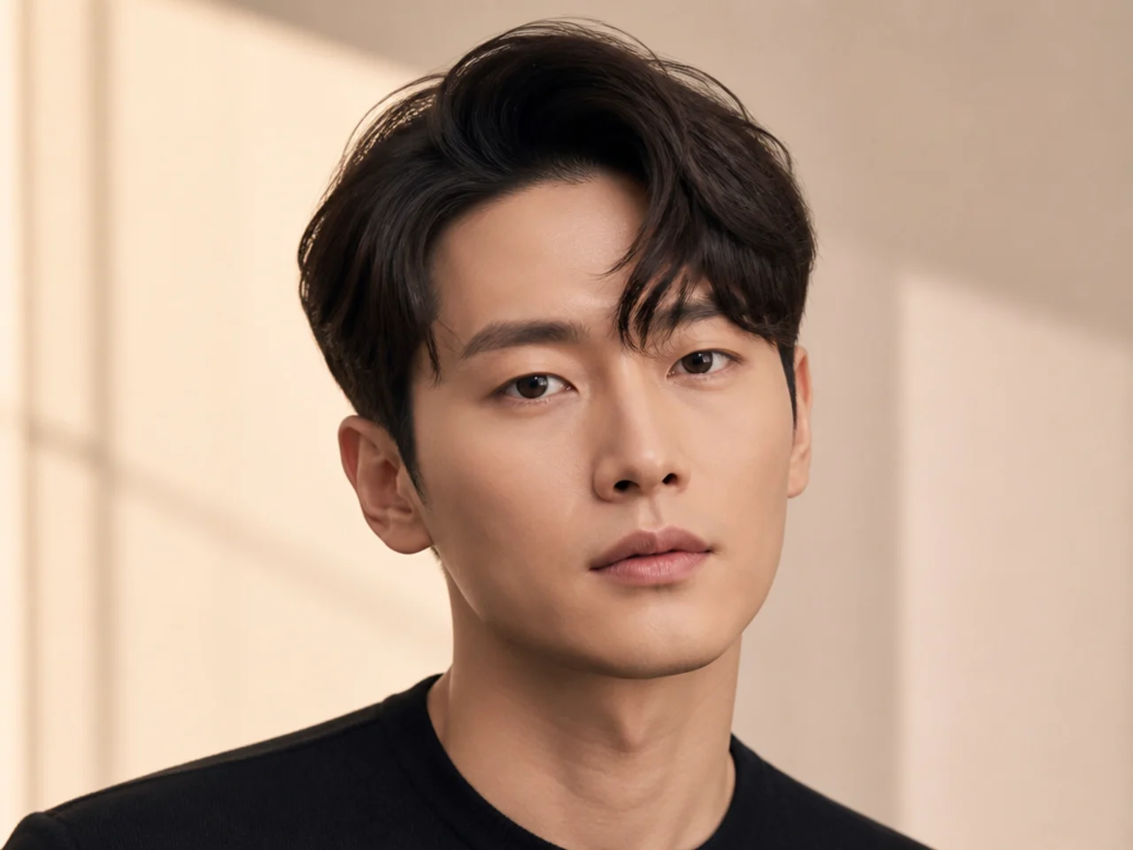 Korean comma side part with a single front curl hooking toward the eye from a defined side parting