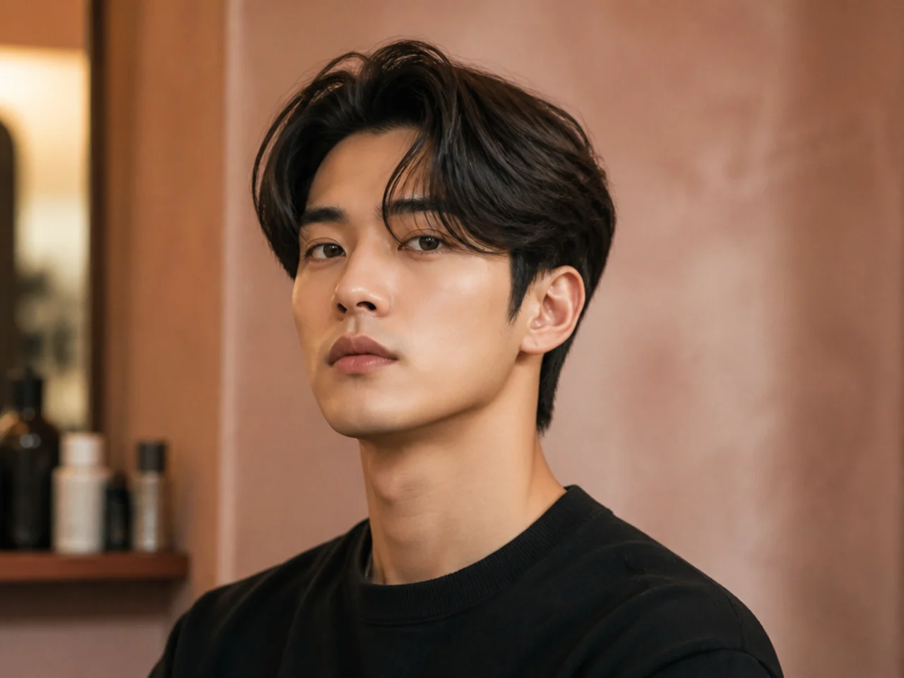 Korean curtain side part with a soft fringe swept diagonally across the forehead from a defined side parting