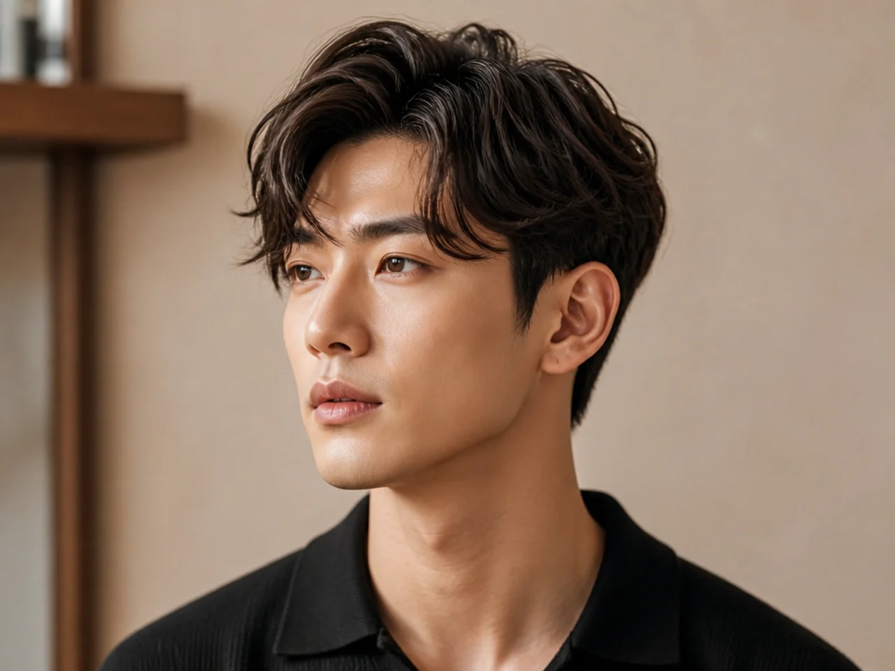Korean textured side part with a point-cut piecey top and matte finish on a young Korean man