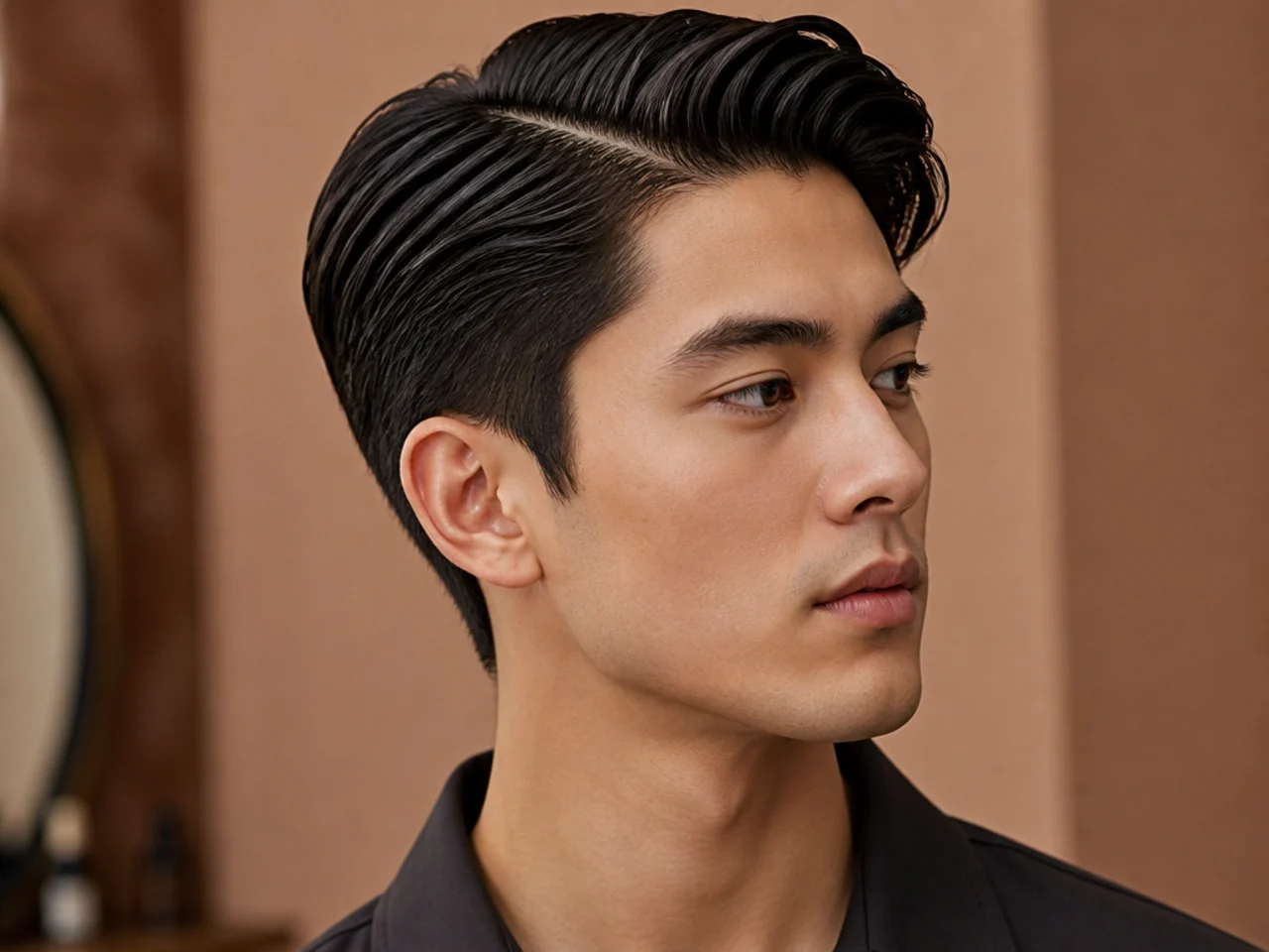Slick back Korean side part with wet-look shine pomade combed from a low side parting on a young Korean man
