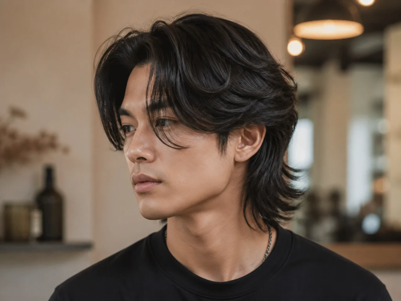 Korean wolf cut side part with wolf perm layered top swept from a defined side parting on a young Korean man