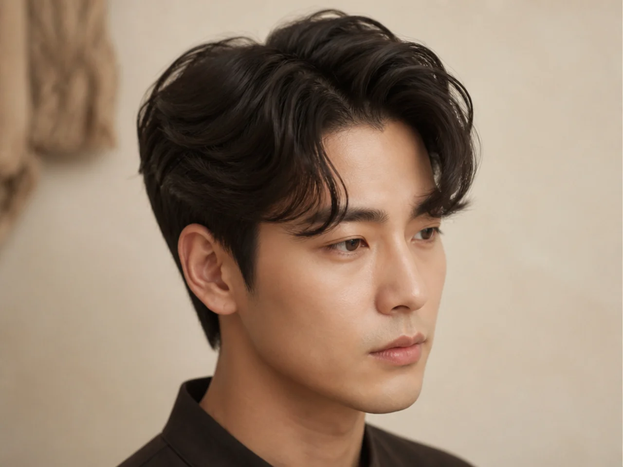 Korean setting perm side part with subtle root volume and a natural side sweep on a young Korean man with fine hair