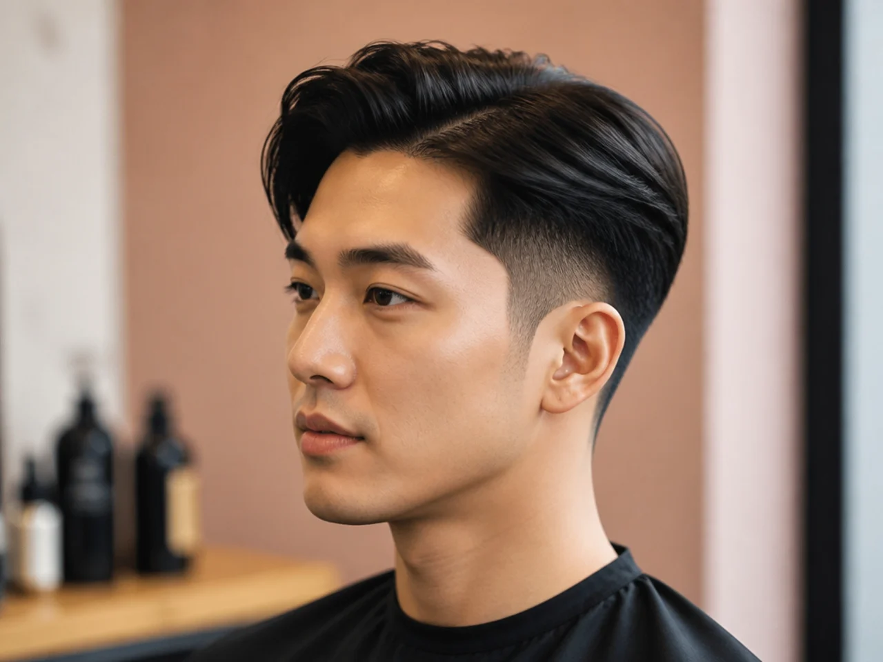 Korean low taper fade side part with three inches of gloss on top and a soft taper blending to skin at the neckline